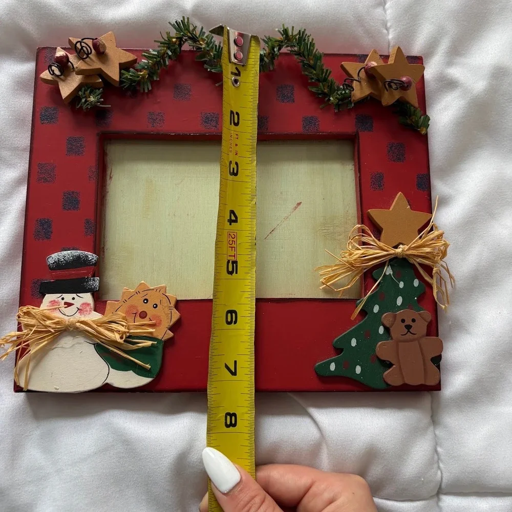 Vintage Rustic Wooden Christmas Picture Frame Snowman Bear Tree Holiday Decor